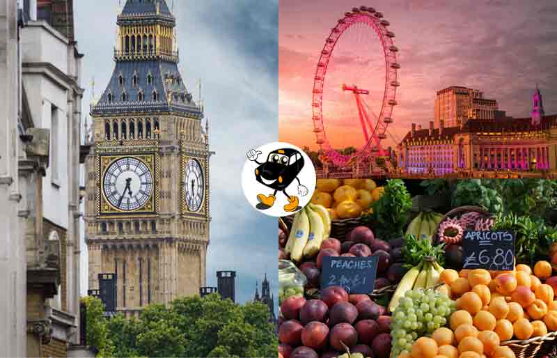 Big Ben, London Eye and fruit stall at Borough Market.