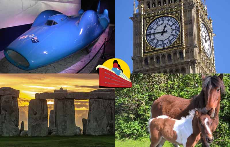 Shore Excursions montage Bluebird speed car, Big Ben, Stonehenge & New Forest ponies.