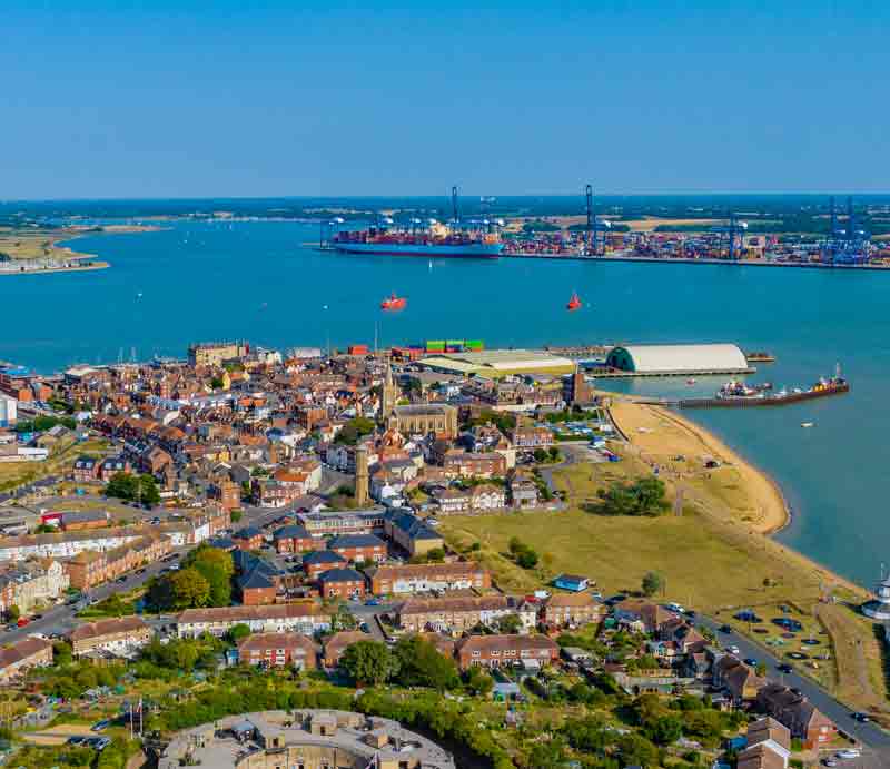 Harwich The port from inland on bright day with blue sky.